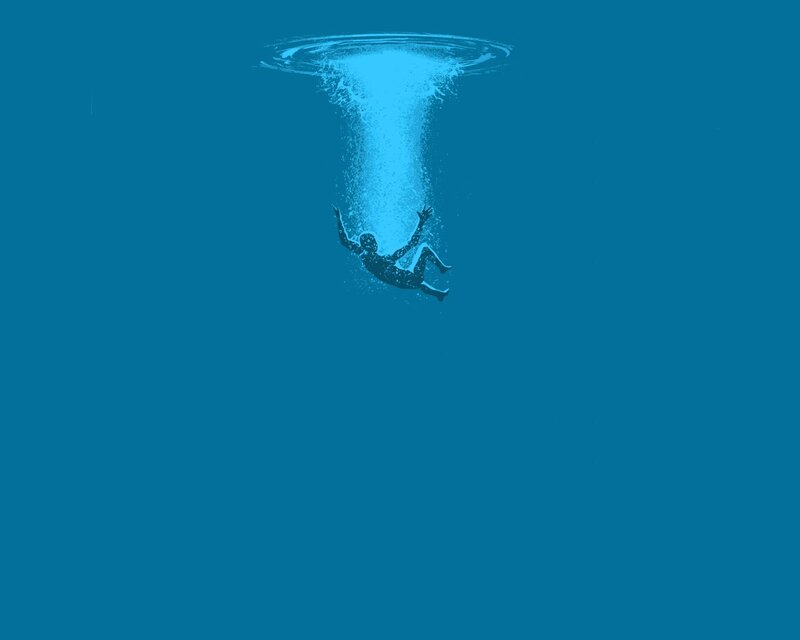 Person Falling Underwater — Blue, Dramatic, Illustration, Bubbles, Water