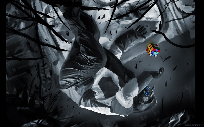 person falling with rubik's cube