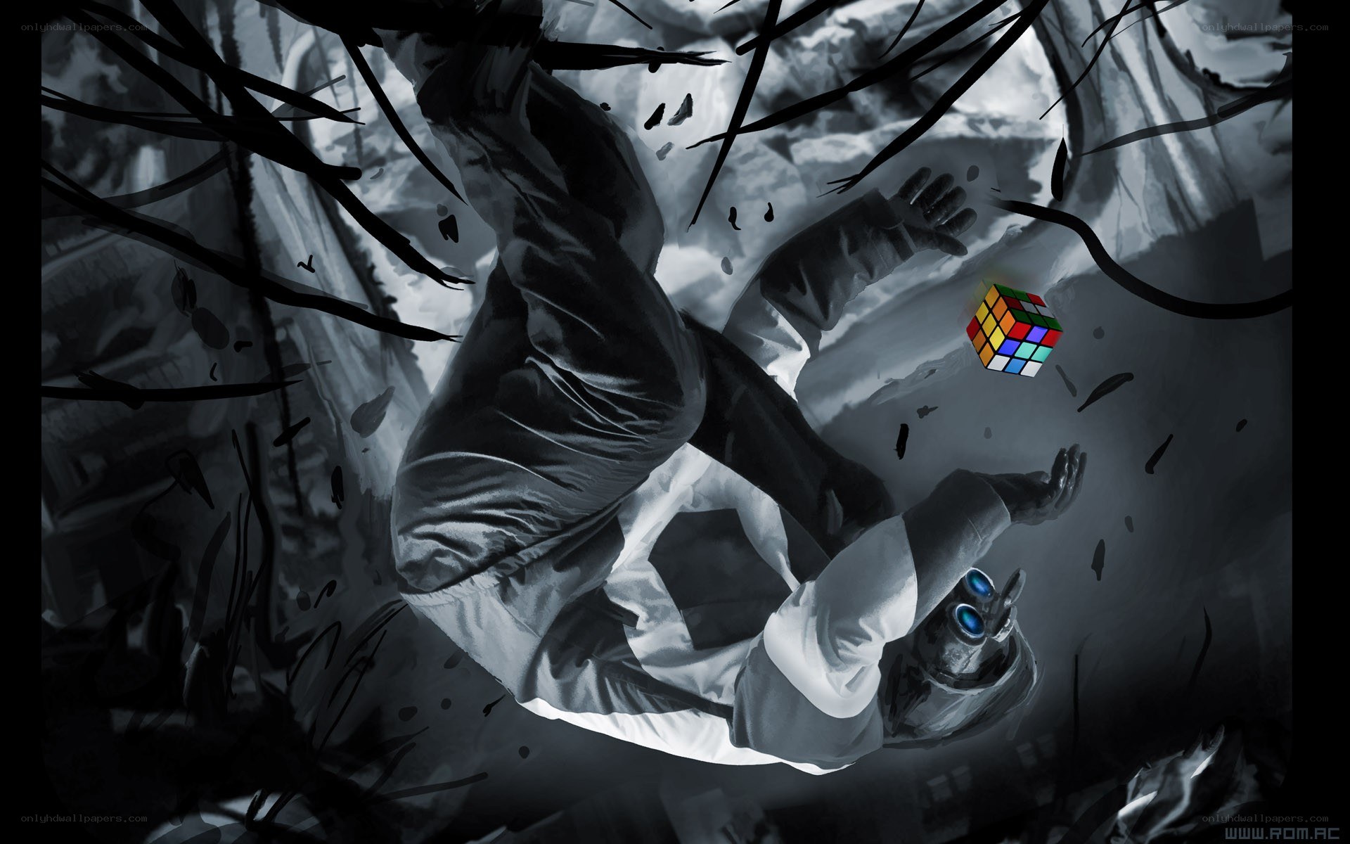 person falling with rubik's cube