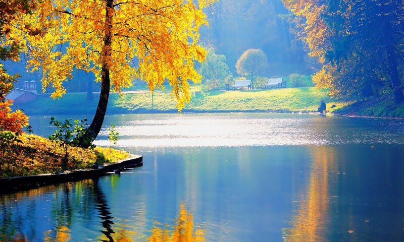 Person Fishing by Lake — Blue, Serene, Autumn