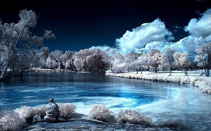 Person Fishing by Lake — Blue
