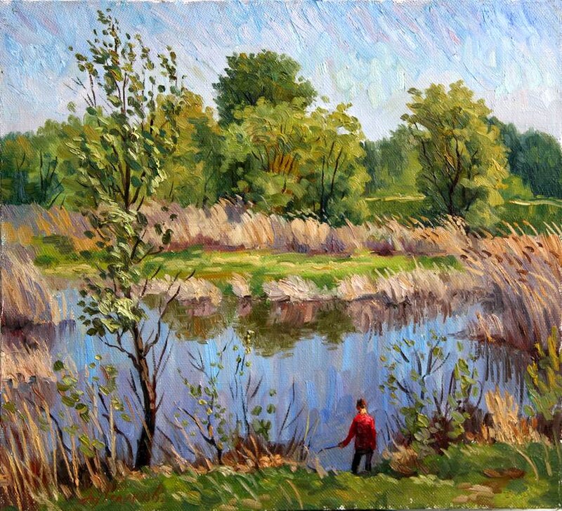 Person Fishing by Pond