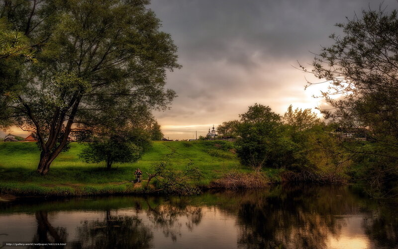 Person Fishing by River — Green