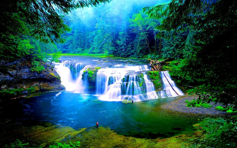 Person Fishing by Waterfall — Green