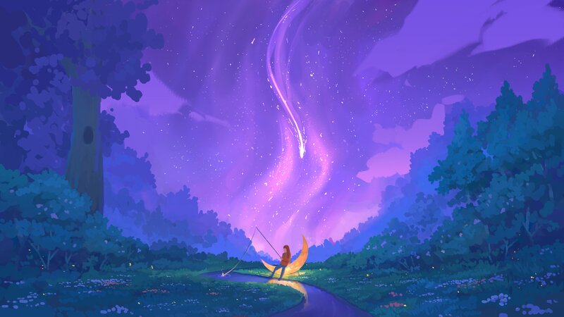 Person Fishing on Crescent Moon