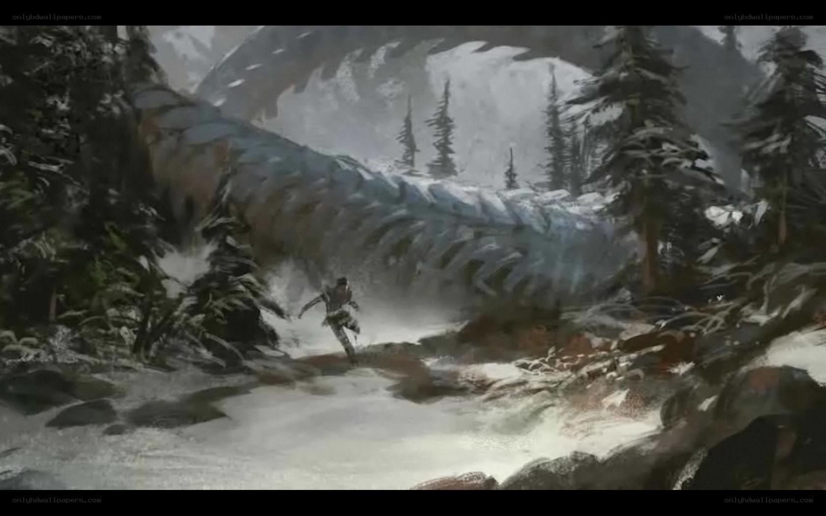 Person fleeing giant serpent