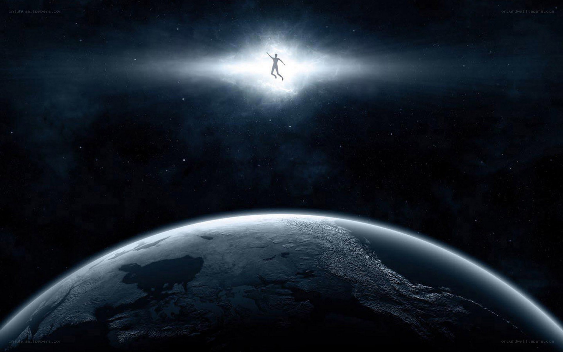 person floating above earth