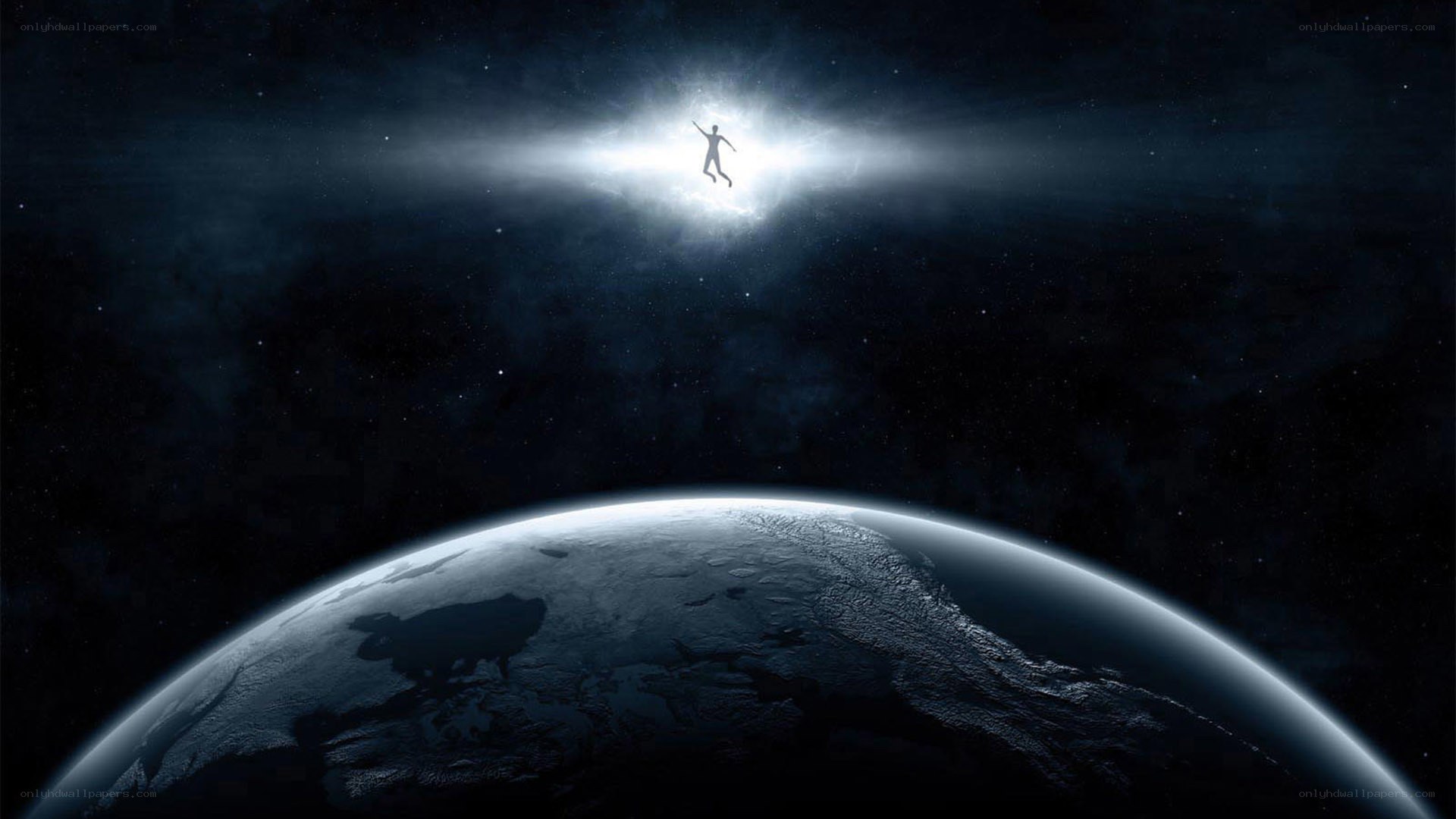person floating above earth