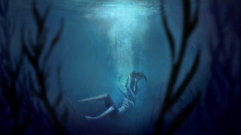 Person Floating Underwater — Blue, Dramatic