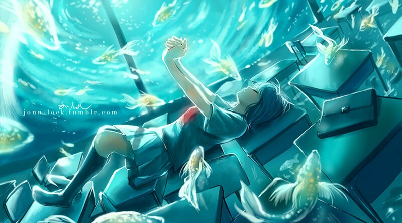 Person Floating Underwater — Blue, Serene, Digital Art