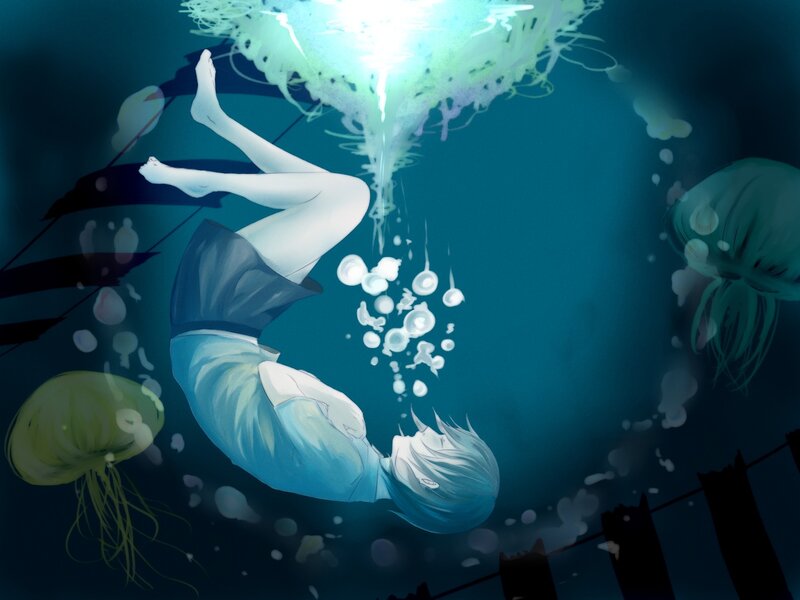 Person Floating Underwater — Blue, Serene, Night