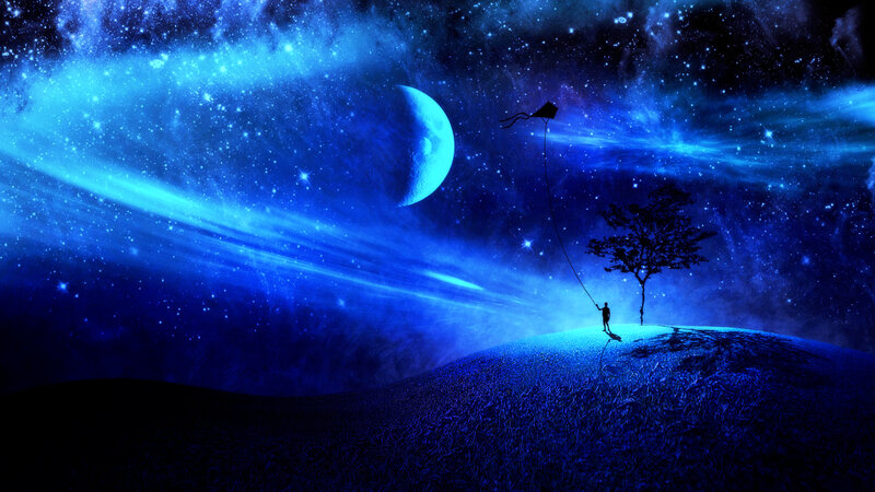 Person Flying Kite — Blue, Serene