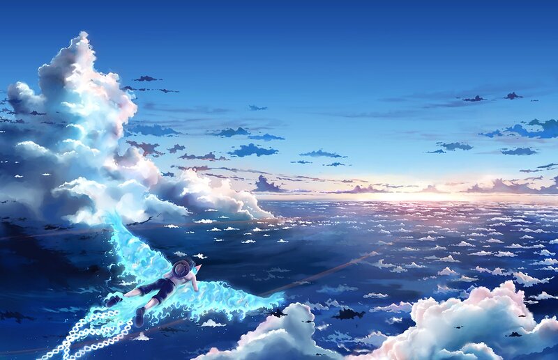 Person Flying Through Clouds — Blue