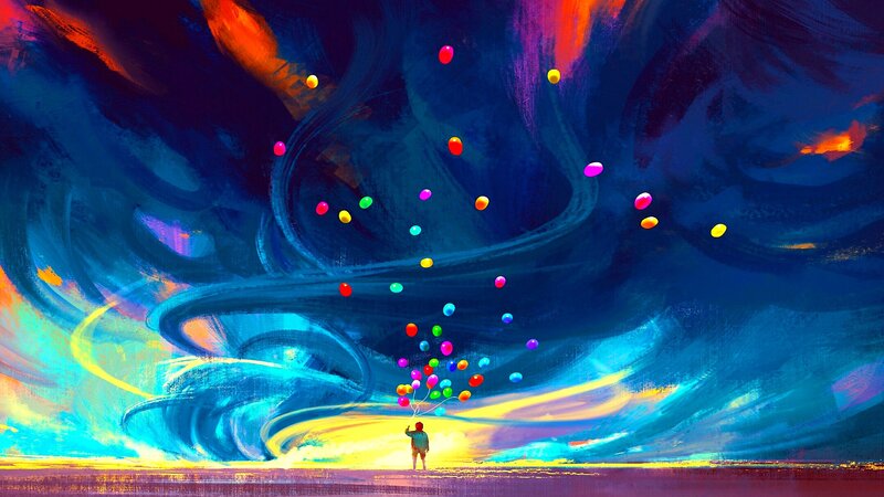 Person Holding Balloons — Blue, Dramatic
