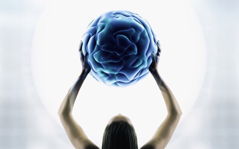 Person Holding Brain Sphere — Blue