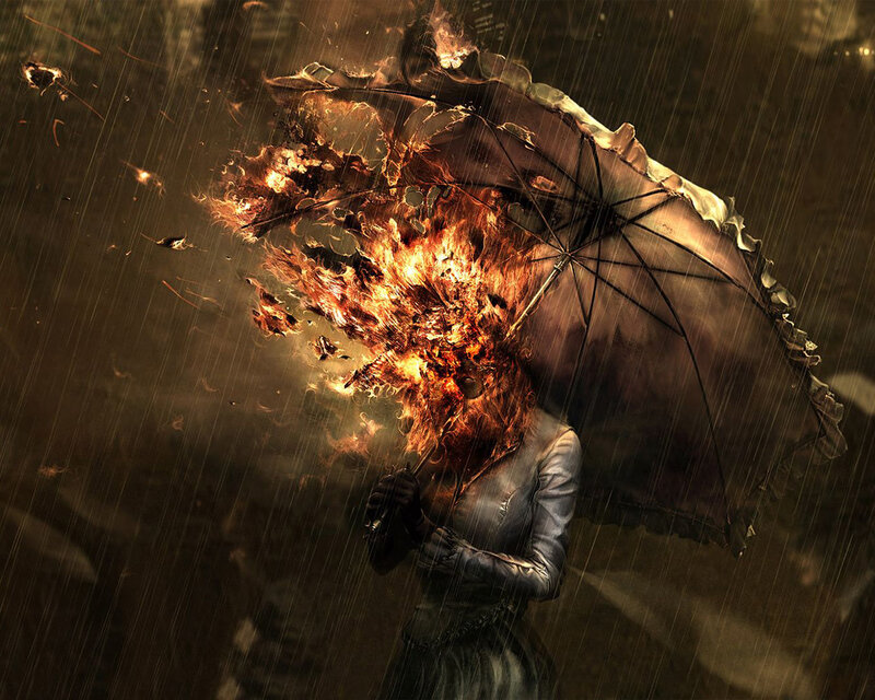 Person Holding Burning Umbrella — Brown, Dramatic, Digital Art