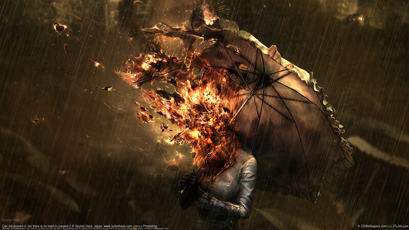 Person Holding Burning Umbrella — Brown, Dramatic, Night, Digital Art, Fire