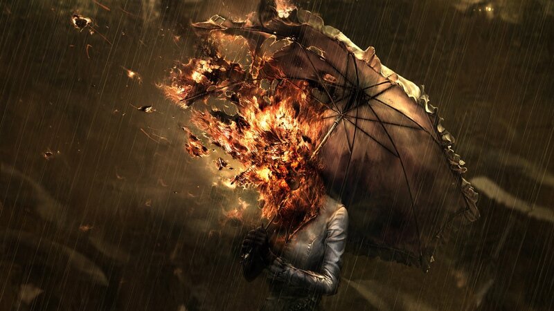 Person Holding Burning Umbrella — Brown, Dramatic, Night, Digital Art