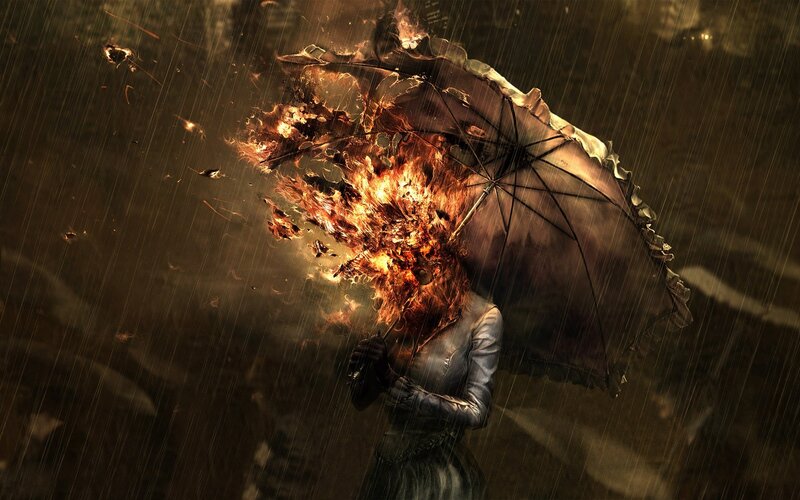 Person Holding Burning Umbrella — Brown, Dramatic, Night