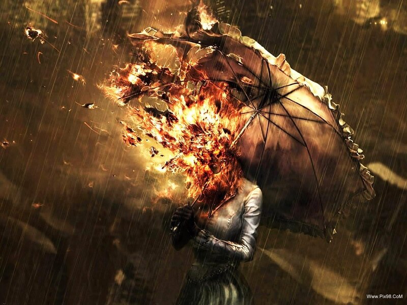 Person Holding Burning Umbrella — Brown