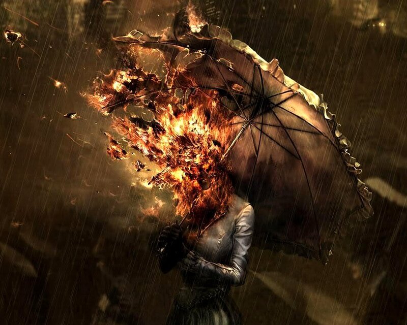 Person Holding Burning Umbrella