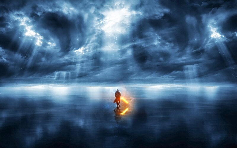 Person Holding Glowing Sword — Blue