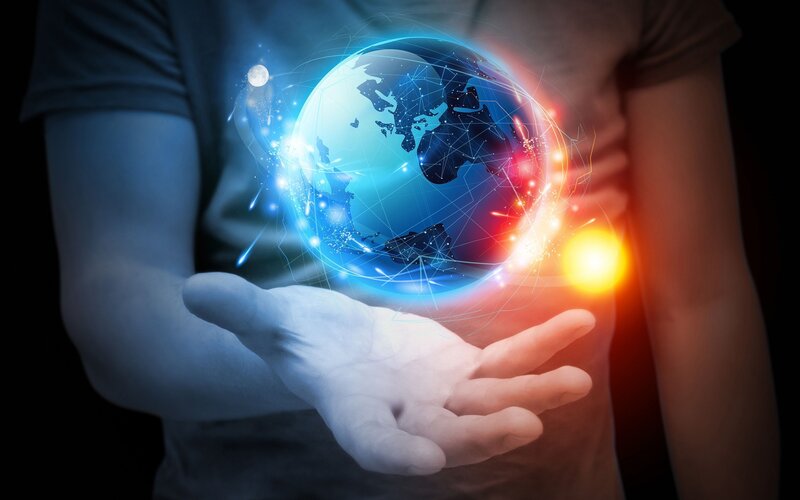 Person Holding Holographic Globe — Blue, Dramatic