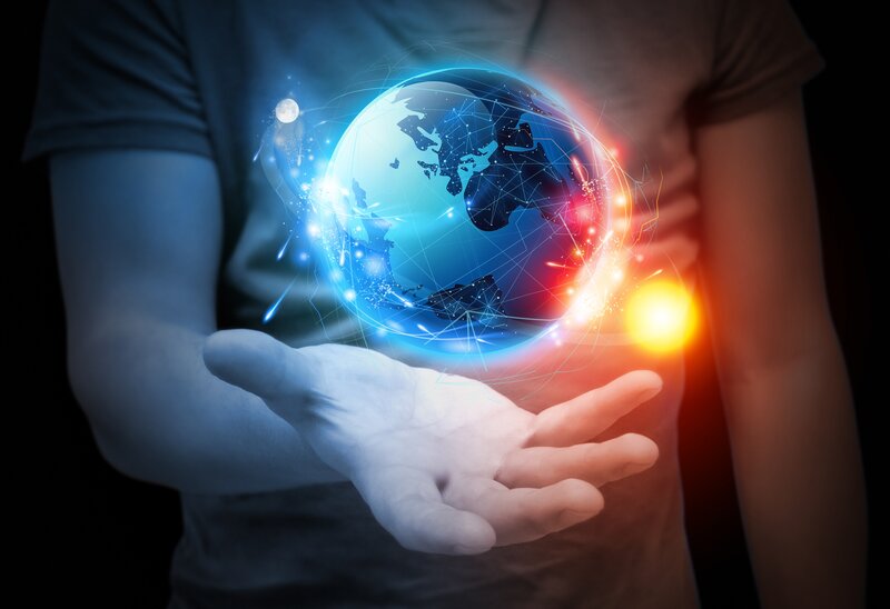 Person Holding Holographic Globe — Blue