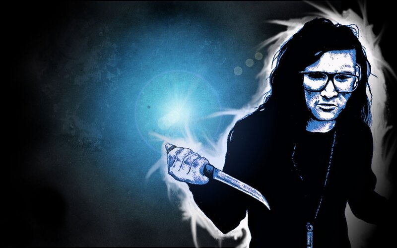 person holding knife with blue light