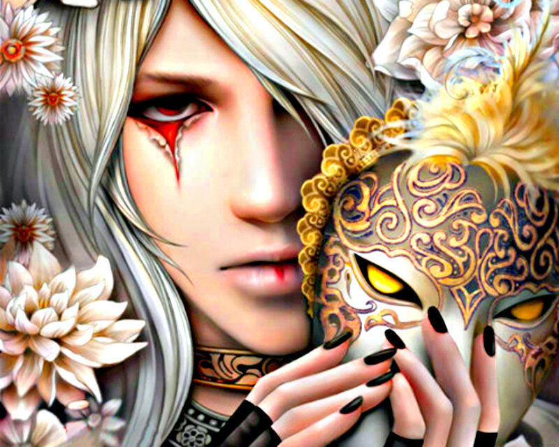 Person Holding Mask — White, Dramatic