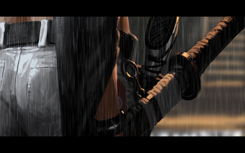Person Holding Sword in Rain
