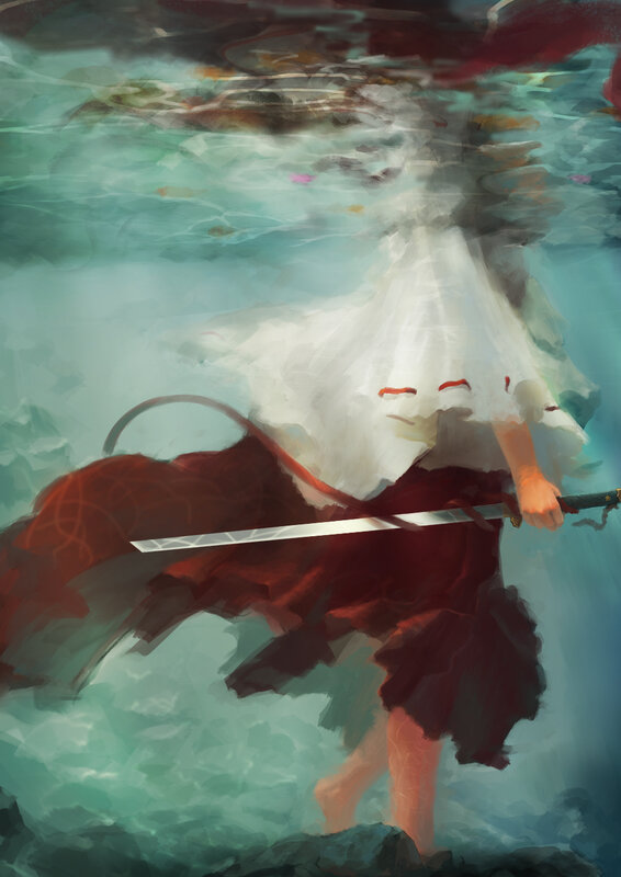 Person Holding Sword Underwater