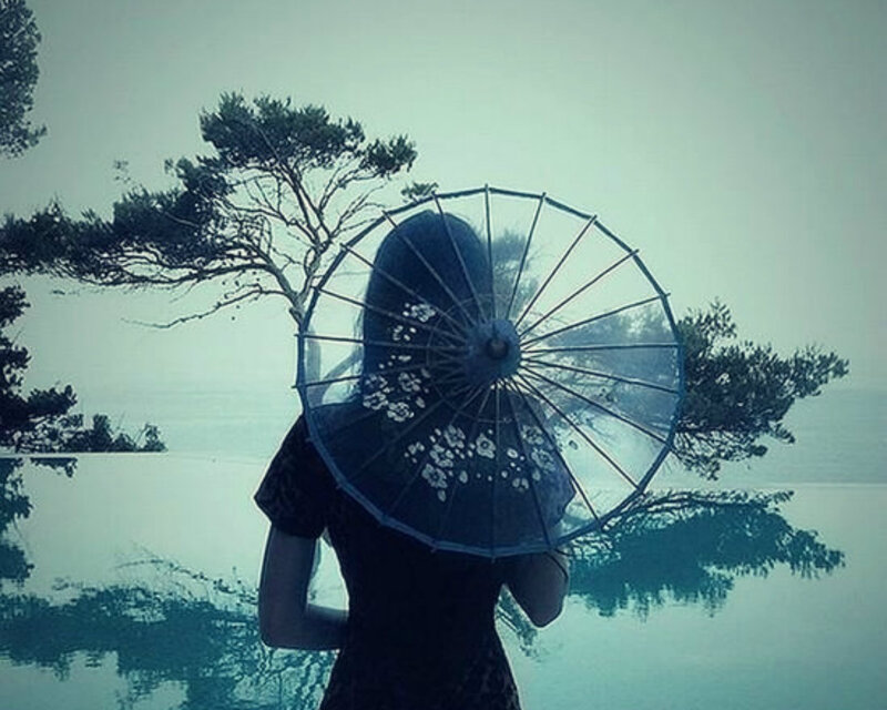 Person Holding Umbrella — Blue, Serene