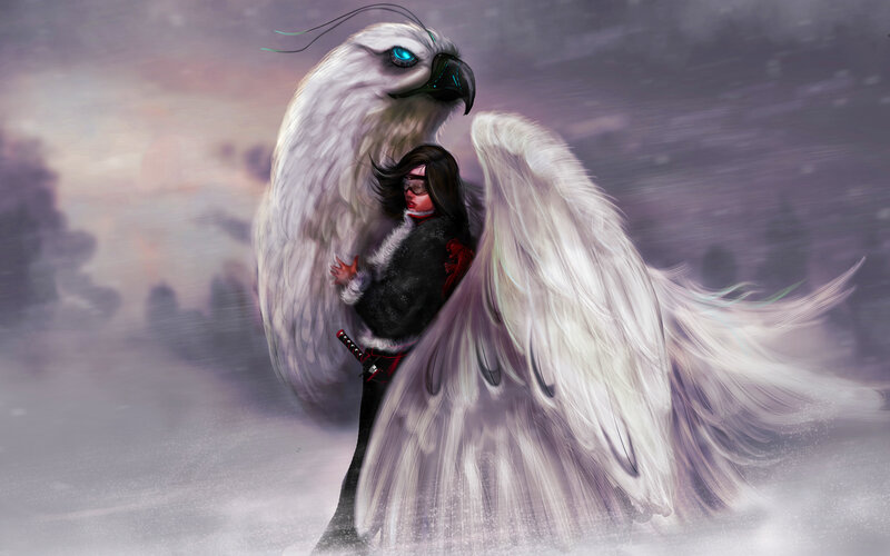 Person Hugging Giant Bird