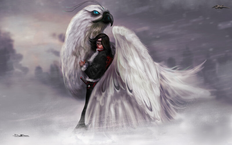 Person Hugging Giant Bird — White