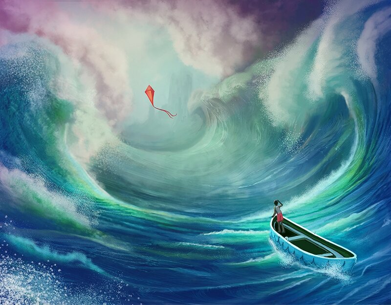 Person in a Boat — Blue, Dramatic, Digital Art
