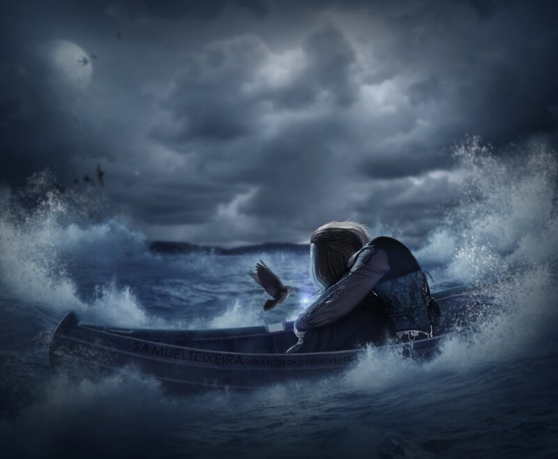 Person in a Boat — Blue, Dramatic, Night, Digital Art, Bird