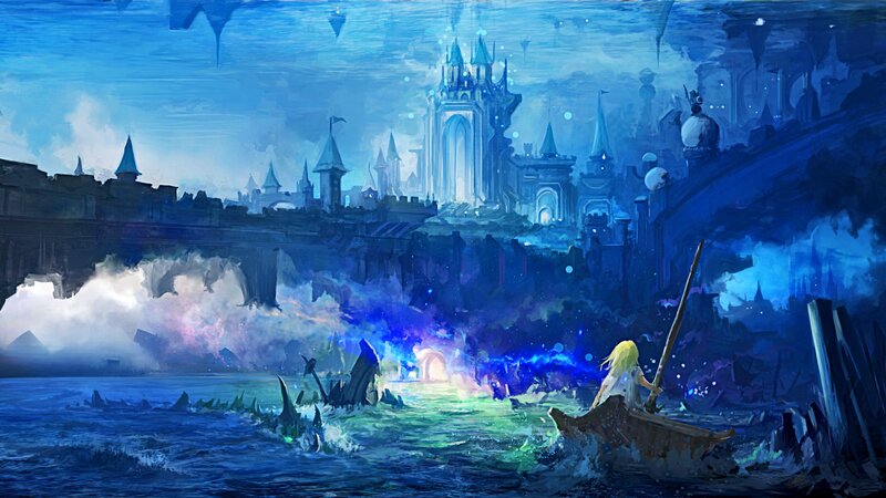 Person in a Boat — Blue, Dramatic, Night, Digital Art, Castle