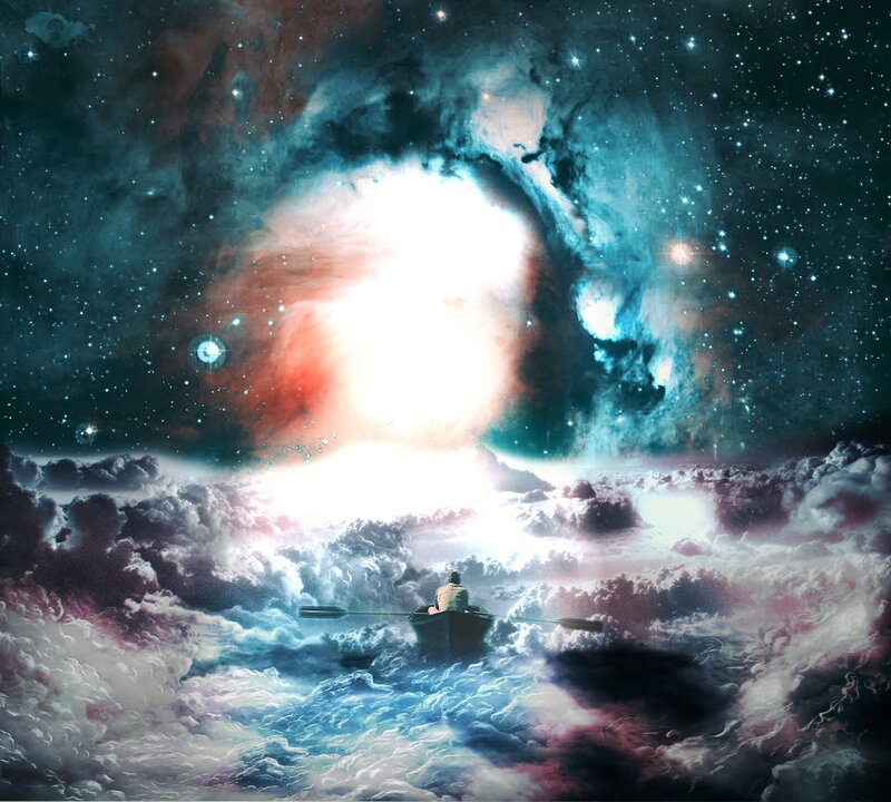 Person in a Boat — Blue, Dramatic, Night, Digital Art, Oar
