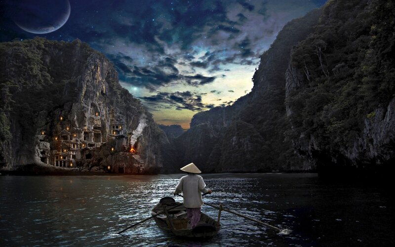 Person in a Boat — Blue, Dramatic, Night, Digital Art