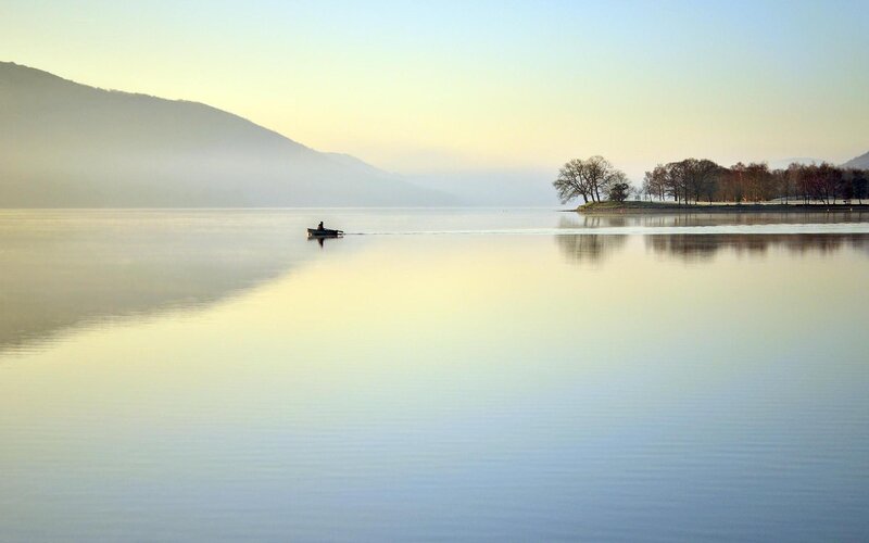 Person in a Boat — Blue, Serene, Morning, Photograph