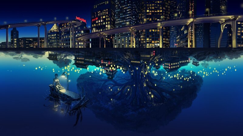 Person in a Boat — Blue, Serene, Night, Digital Art, City Skyline, Bridge