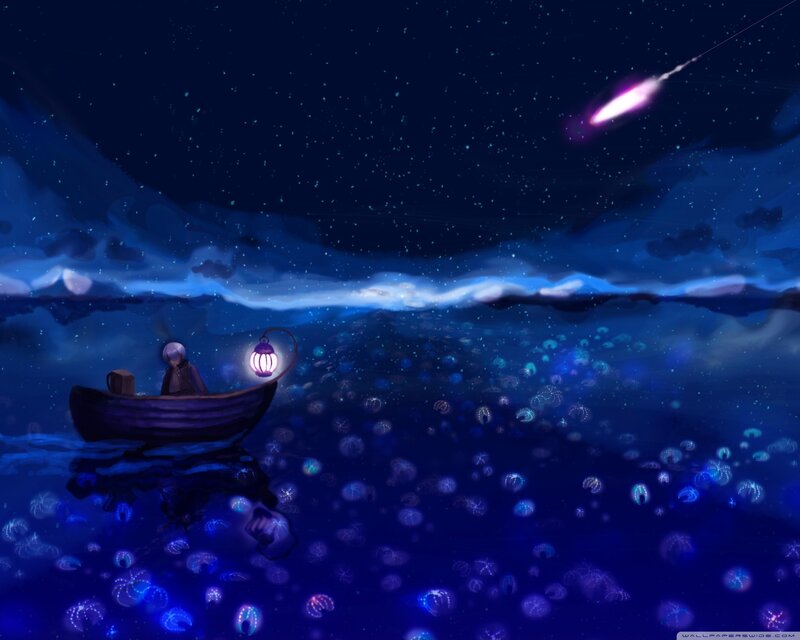 Person in a Boat — Blue, Serene, Night, Digital Art, Lantern, Jellyfish
