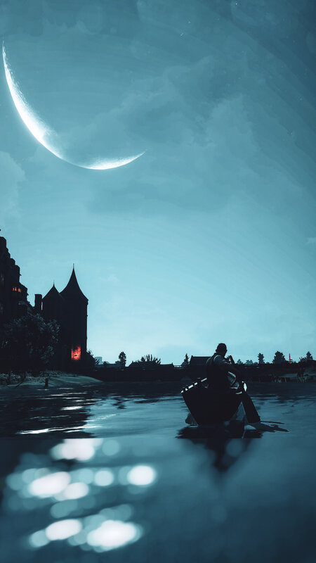 Person in a Boat — Blue, Serene, Night, Digital Art, Moon, Castle