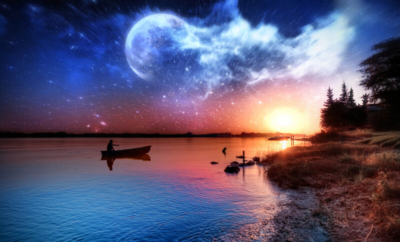 Person in a Boat — Blue, Serene, Night, Digital Art, Moon, Stars