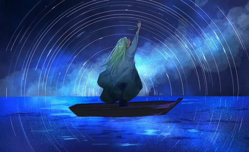 Person in a Boat — Blue, Serene, Night, Digital Art, Sea