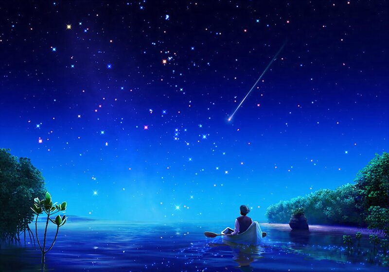 Person in a Boat — Blue, Serene, Night, Digital Art, Stars