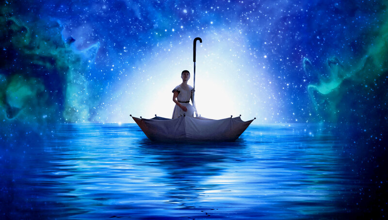Person in a Boat — Blue, Serene, Night, Digital Art, Umbrella