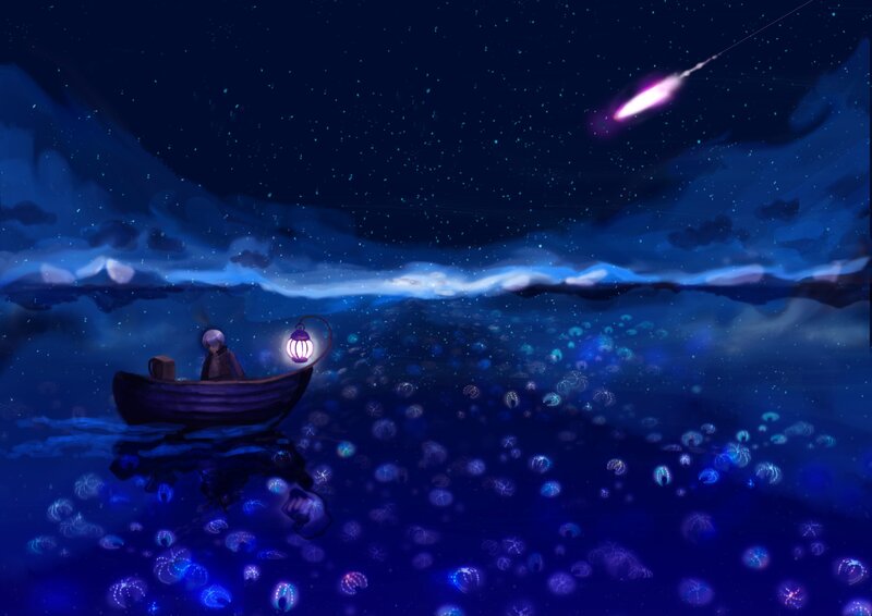 Person in a Boat — Blue, Serene, Night