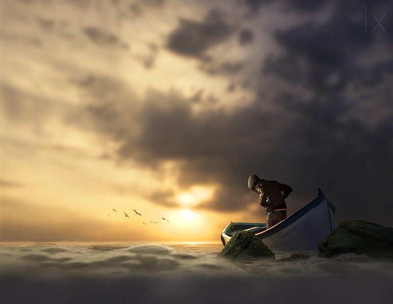 Person in a Boat — Gray, Dramatic, Sunset